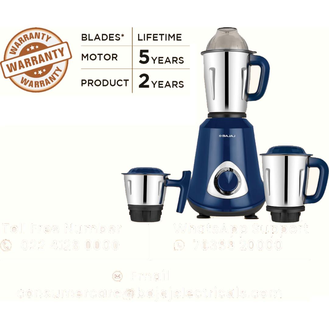 BAJAJ 3 Jars Military Series Glamore 800W (410614) 800 W DuraCut Blades 20000 RPM with Pulse Mode Mixer Grinder (Royal Blue)