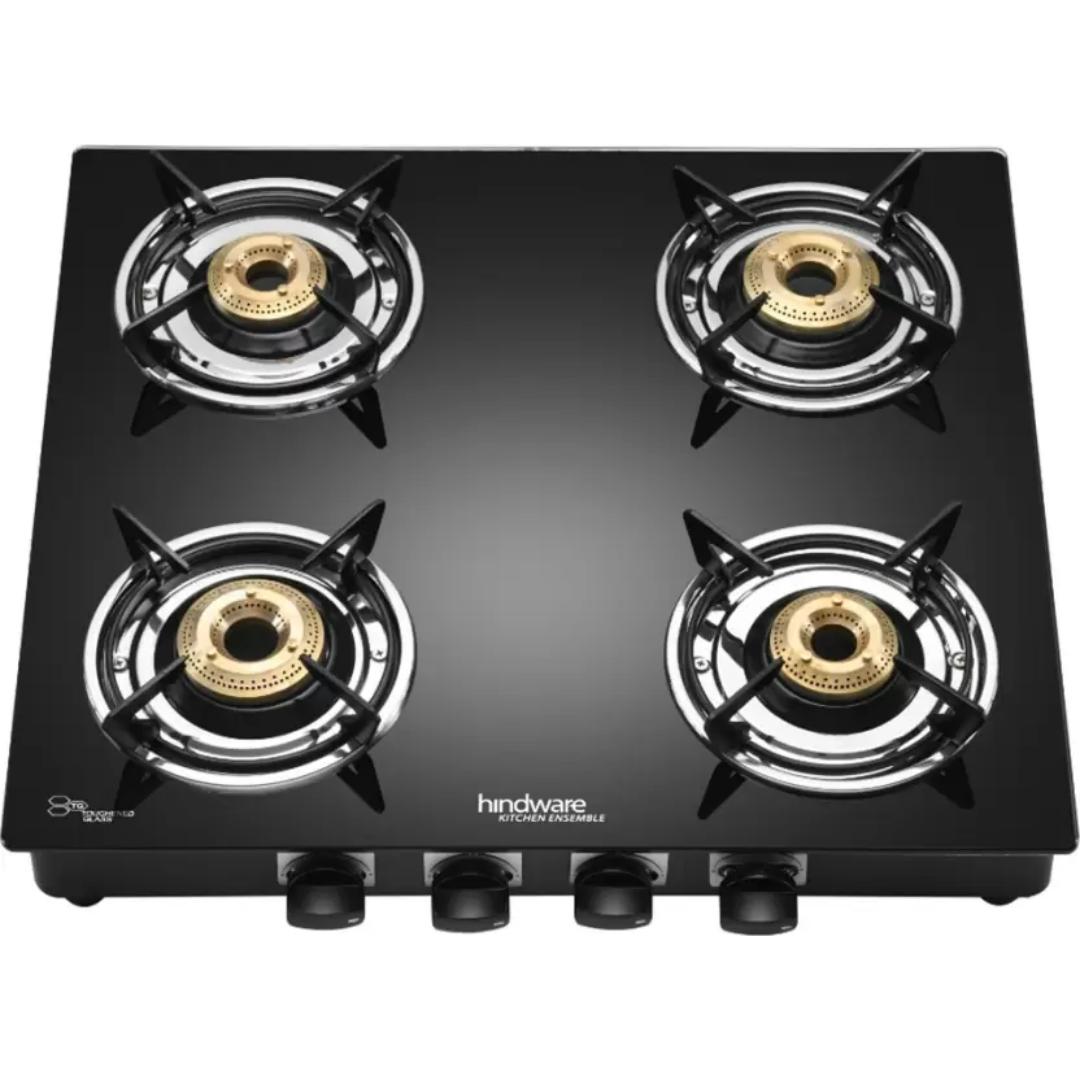 Hindware 4 Brass Burner KA Cooktop Brio 4B (Plus) (517064) Toughened Glass Stainless Steel Manual Gas Stove Cooktop (Black)
