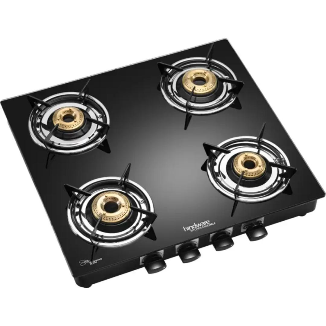 Hindware 4 Brass Burner KA Cooktop Brio 4B (Plus) (517064) Toughened Glass Stainless Steel Manual Gas Stove Cooktop (Black)