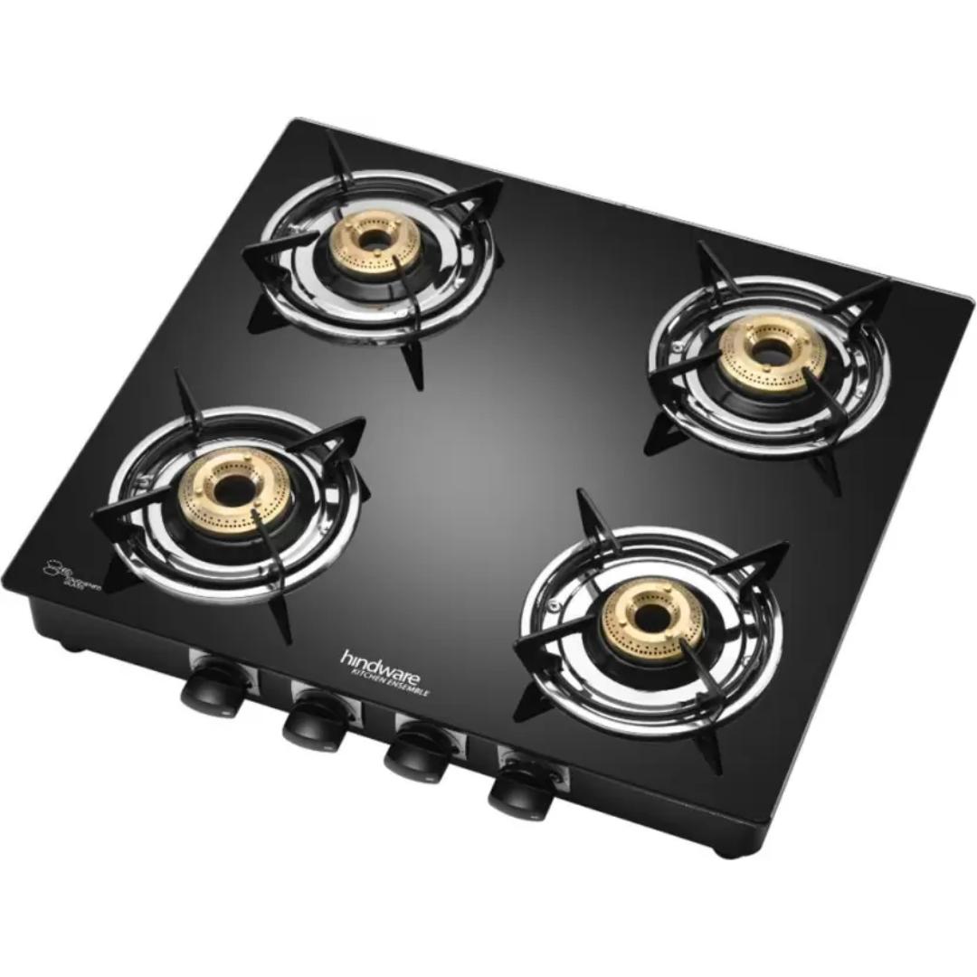Hindware 4 Brass Burner KA Cooktop Brio 4B (Plus) (517064) Toughened Glass Stainless Steel Manual Gas Stove Cooktop (Black)