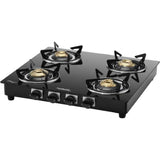 Hindware 4 Brass Burner KA Cooktop Brio 4B (Plus) (517064) Toughened Glass Stainless Steel Manual Gas Stove Cooktop (Black)