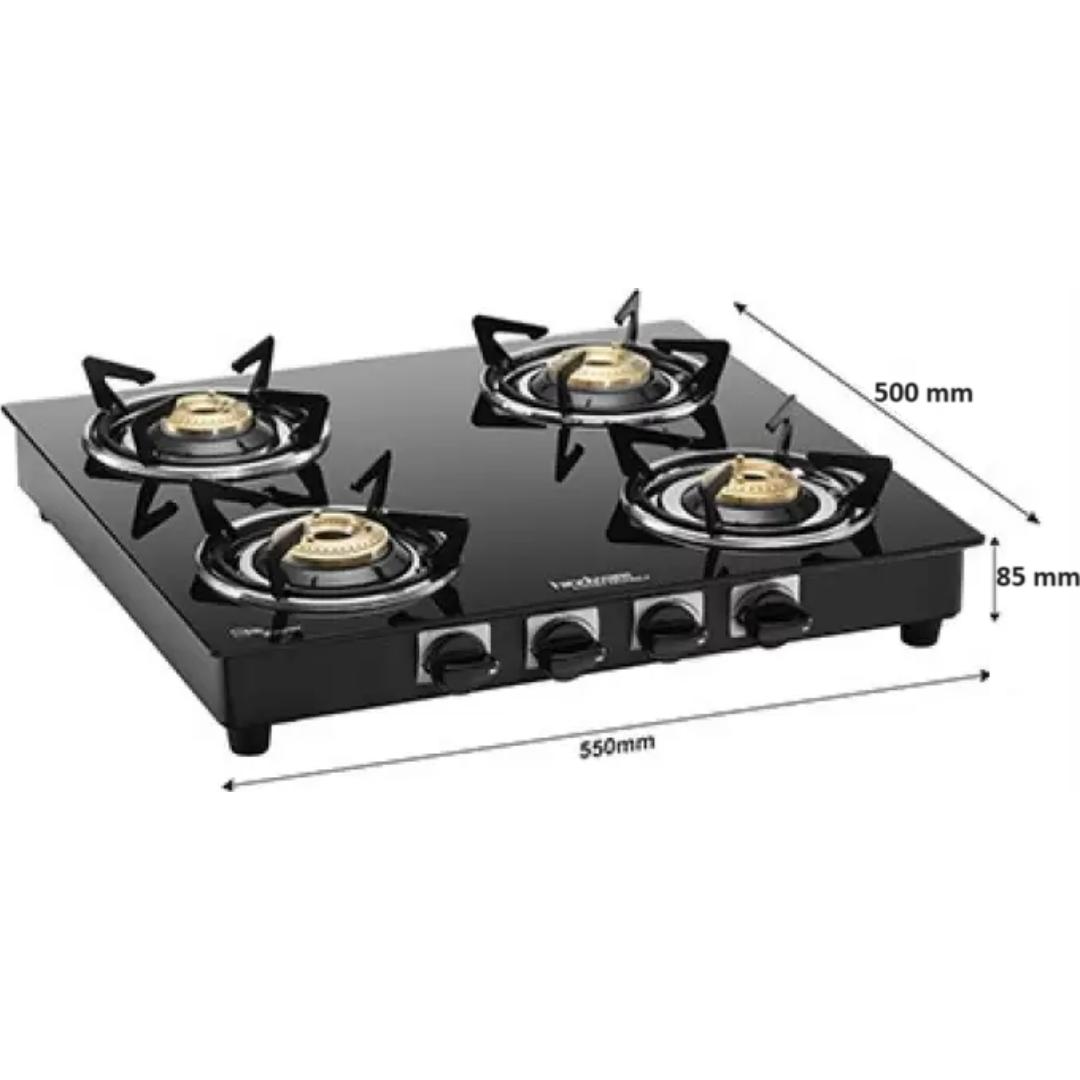 Hindware 4 Brass Burner KA Cooktop Brio 4B (Plus) (517064) Toughened Glass Stainless Steel Manual Gas Stove Cooktop (Black)