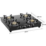 Hindware 4 Brass Burner KA Cooktop Brio 4B (Plus) (517064) Toughened Glass Stainless Steel Manual Gas Stove Cooktop (Black)