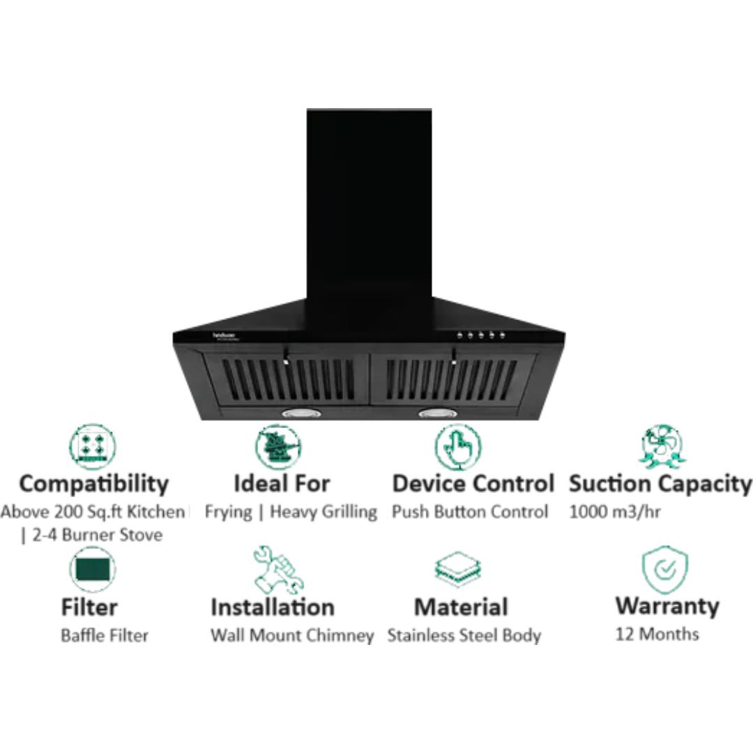 Hindware 60 Centimeter KA Cooker Hood Myra Blk 60 (519467) 1000 m³/hr Push Botton Control Manual Clean Wall Mounted Chimney (Black)