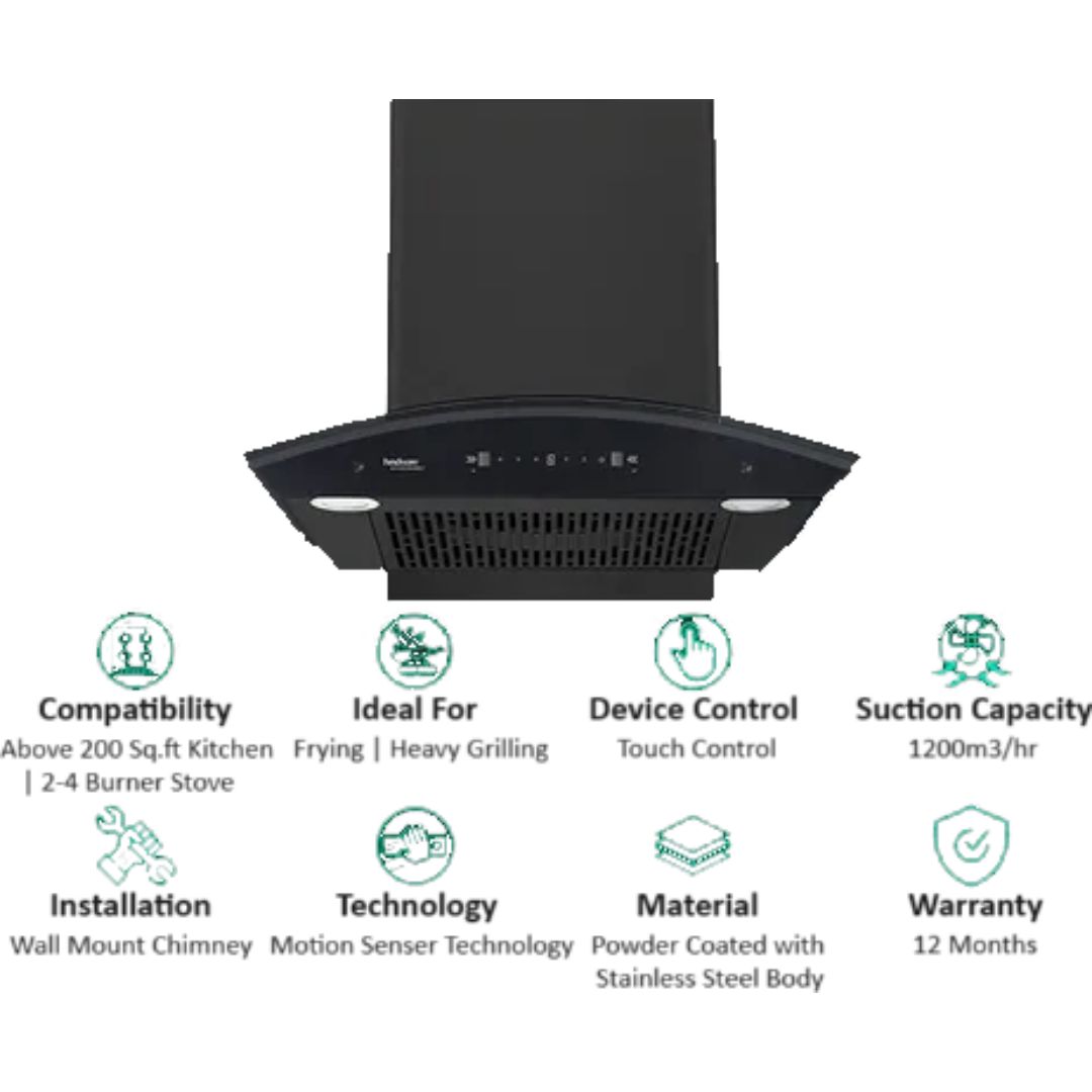 Hindware 60 Centimeter (524201) KA COOKER HOOD CHROMIA BLK RSN AC 60 3 Speed Gesture Control Thermal Auto Clean Wall Mounted Filterless Chimney (Black)