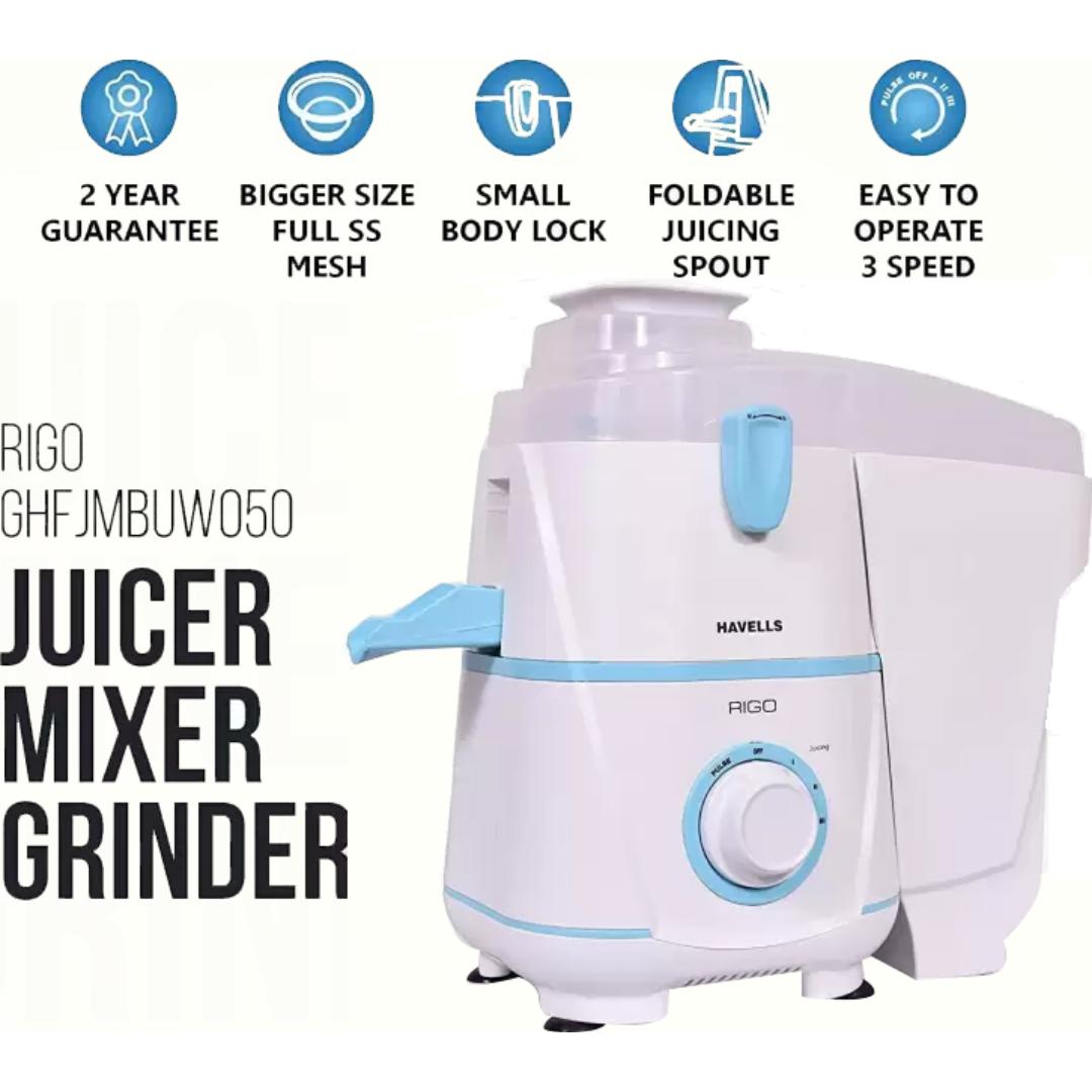 HAVELLS 2 Jars GHFJMBUW050 (Rigo 2 Jar 500 W) 3 Speed Control with Pulse Function Mixer Grinder (White & Light Blue)