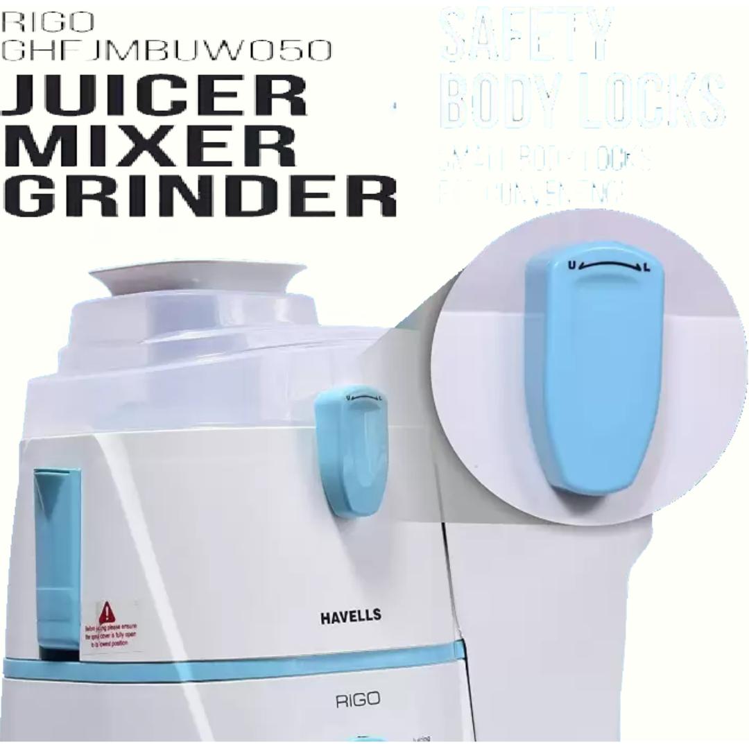 HAVELLS 2 Jars GHFJMBUW050 (Rigo 2 Jar 500 W) 3 Speed Control with Pulse Function Mixer Grinder (White & Light Blue)