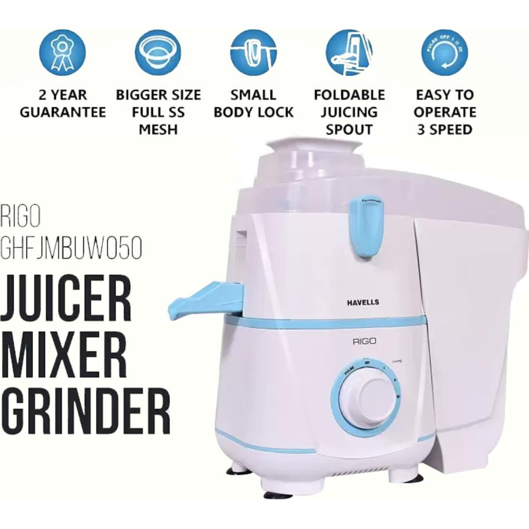 HAVELLS 2 Jars GHFJMBUW050 (Rigo 2 Jar 500 W) 3 Speed Control with Pulse Function Mixer Grinder (White & Light Blue)
