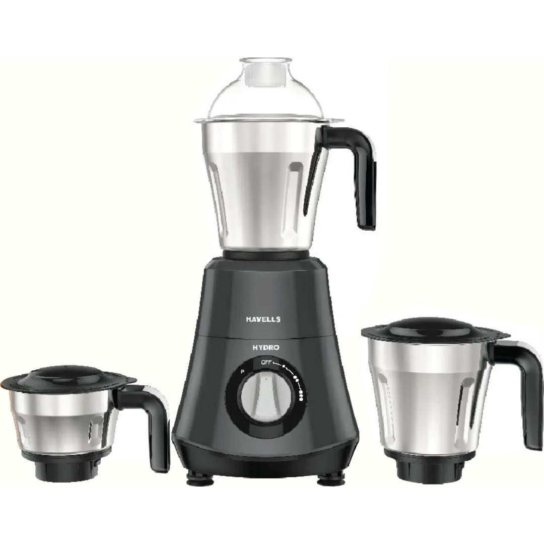 Havells 3 Jars GHFMGDRE075 (HYDRO 3 JAR MG 750W) 3 Speed Control with Pulse Function 21000 RPM Hands Free operation Mixer Grinder (Black)