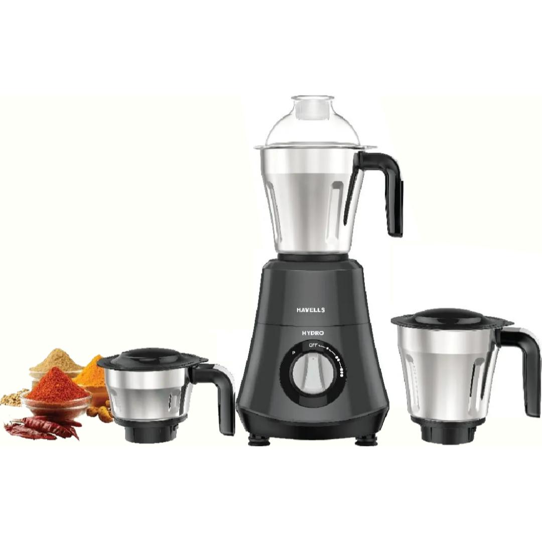 Havells 3 Jars GHFMGDRE075 (HYDRO 3 JAR MG 750W) 3 Speed Control with Pulse Function 21000 RPM Hands Free operation Mixer Grinder (Black)