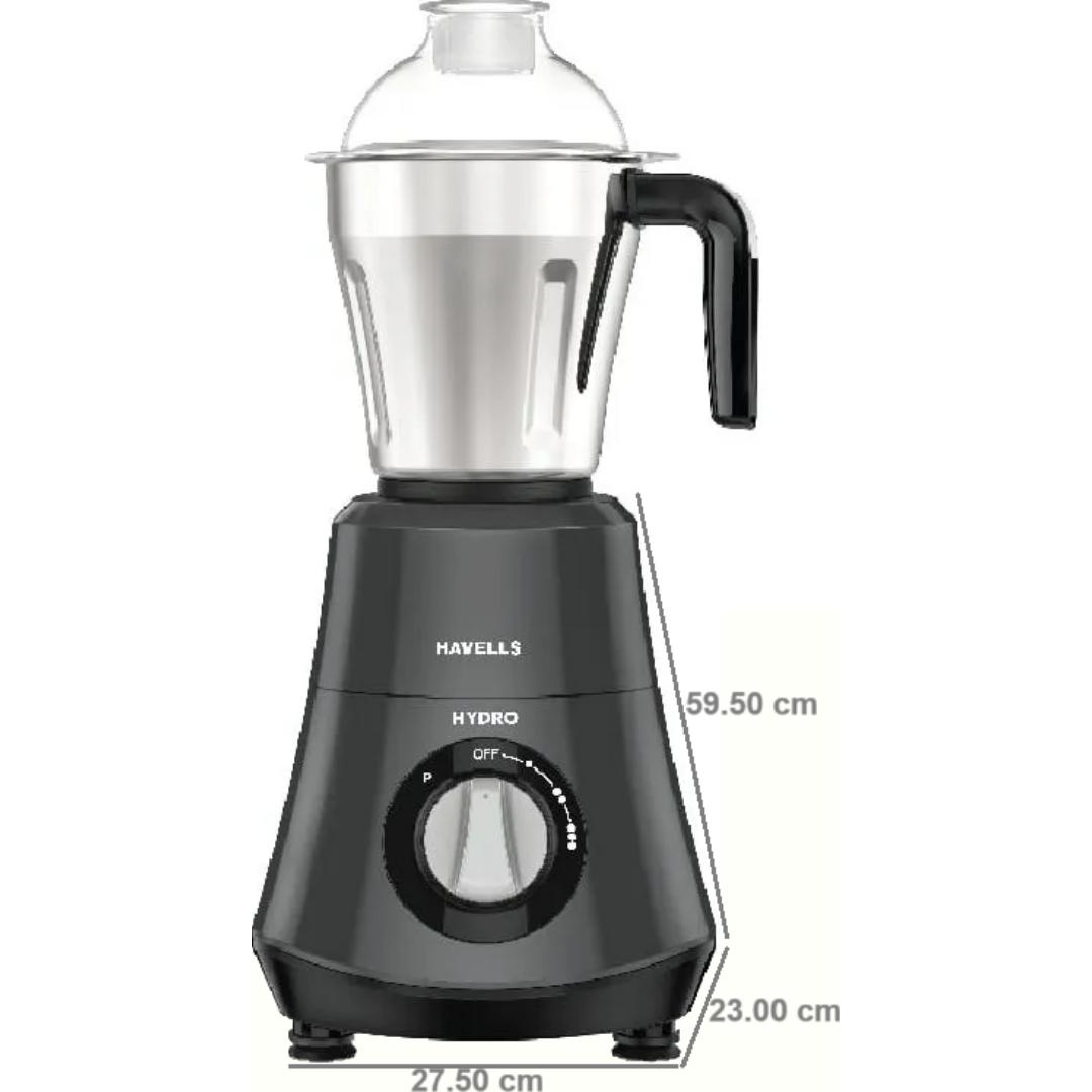Havells 3 Jars GHFMGDRE075 (HYDRO 3 JAR MG 750W) 3 Speed Control with Pulse Function 21000 RPM Hands Free operation Mixer Grinder (Black)