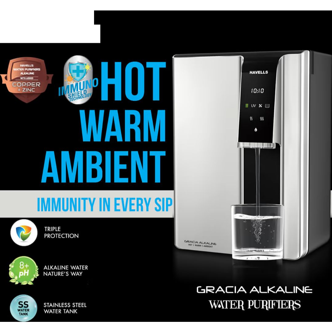 Havells 15.0 L GHWRGAS015 (Havells Gracia Alkaline) 6.50 L Tank RO + UV Alkaline Water Technology Electrical  Water Purifier (Silver and Black)