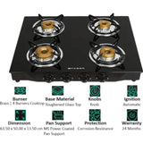 Faber 4 Burner Jumbo 4BB BK AI Toughened Glass Top Corrosion Resistance Automatic Gas Stove Cooktop (Black)