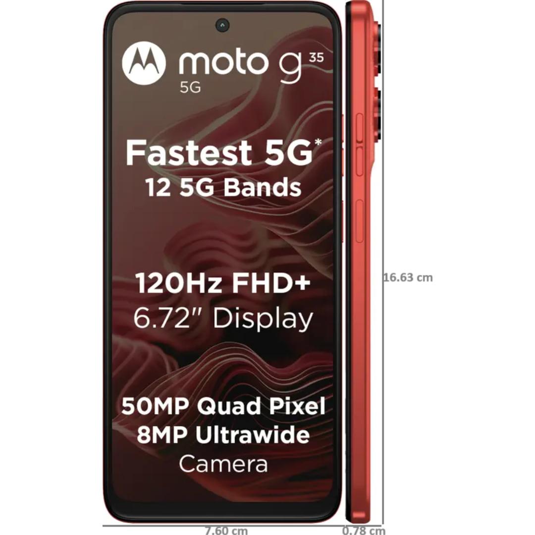 Motorola G35 5G 17.07 Centimeter (6.72) Dual Rear Camera 50MP Quad Pixel + 8MP Ultrawide Camera & 16 MP Front Camera 120Hz FHD+ LTPS LCD Display with Vision Booster UniSOC T760 (6 nm) Octa Core Processor Smartphones Mobile