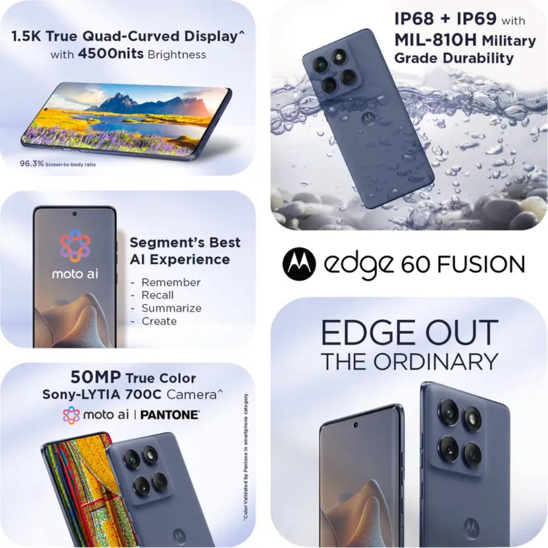 Motorola EDGE 60 FUSION 5G 16.94 Centimeter (6.67) Dual Rear Camera 50MP + 13MP & 32 MP Front Camera 120Hz Super HD+ 1.5K pOLED Quad Curved Display MediaTek Dimensity 7400 Octa Core Processor Smartphones Mobile