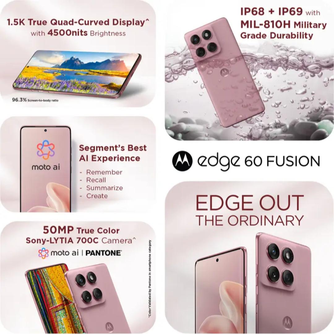 Motorola EDGE 60 FUSION 5G 16.94 Centimeter (6.67) Dual Rear Camera 50MP + 13MP & 32 MP Front Camera 120Hz Super HD+ 1.5K pOLED Quad Curved Display MediaTek Dimensity 7400 Octa Core Processor Smartphones Mobile