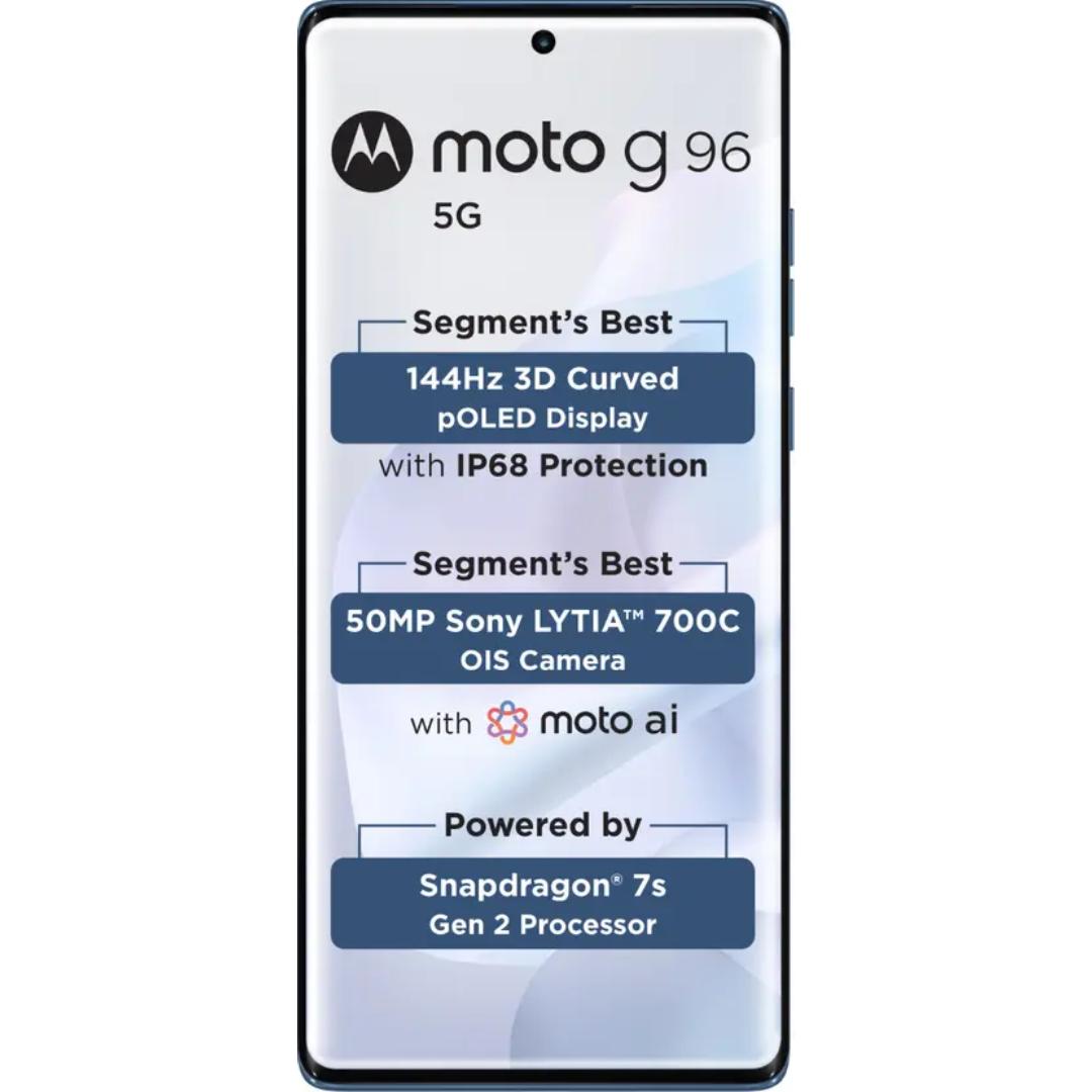 Motorola G96 5G 16.94 Centimeter (6.67) Dual Rear Camera 50MP OIS Sony LYTIA 700C + 8MP Ultrawide & 32 MP Front Camera 144Hz Full HD+ 3D Curved pOLED Display with IP68 Protection Qualcomm® Snapdragon® 7s Gen 2 (4nm) Octa Core Processor Smartphones Mobile