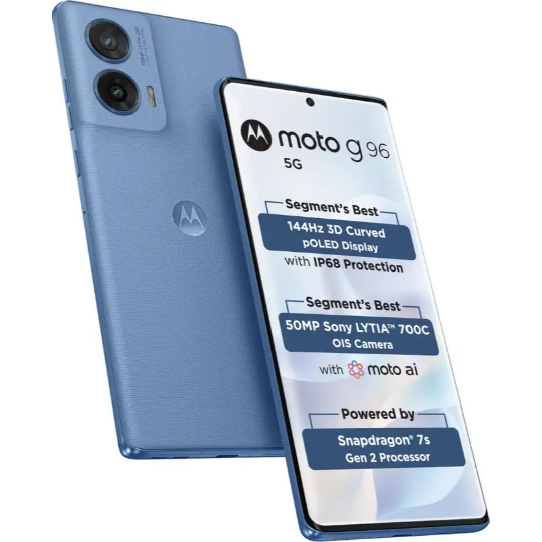 Motorola G96 5G 16.94 Centimeter (6.67) Dual Rear Camera 50MP OIS Sony LYTIA 700C + 8MP Ultrawide & 32 MP Front Camera 144Hz Full HD+ 3D Curved pOLED Display with IP68 Protection Qualcomm® Snapdragon® 7s Gen 2 (4nm) Octa Core Processor Smartphones Mobile