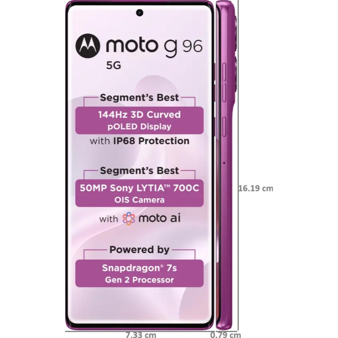 Motorola G96 5G 16.94 Centimeter (6.67) Dual Rear Camera 50MP OIS Sony LYTIA 700C + 8MP Ultrawide & 32 MP Front Camera 144Hz Full HD+ 3D Curved pOLED Display with IP68 Protection Qualcomm® Snapdragon® 7s Gen 2 (4nm) Octa Core Processor Smartphones Mobile