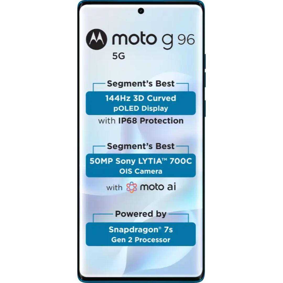 Motorola G96 5G 16.94 Centimeter (6.67) Dual Rear Camera 50MP OIS Sony LYTIA 700C + 8MP Ultrawide & 32 MP Front Camera 144Hz Full HD+ 3D Curved pOLED Display with IP68 Protection Qualcomm® Snapdragon® 7s Gen 2 (4nm) Octa Core Processor Smartphones Mobile