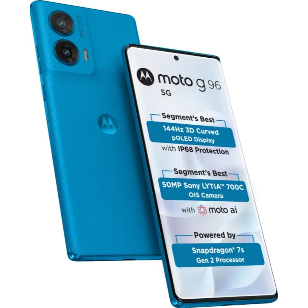 Motorola G96 5G 16.94 Centimeter (6.67) Dual Rear Camera 50MP OIS Sony LYTIA 700C + 8MP Ultrawide & 32 MP Front Camera 144Hz Full HD+ 3D Curved pOLED Display with IP68 Protection Qualcomm® Snapdragon® 7s Gen 2 (4nm) Octa Core Processor Smartphones Mobile