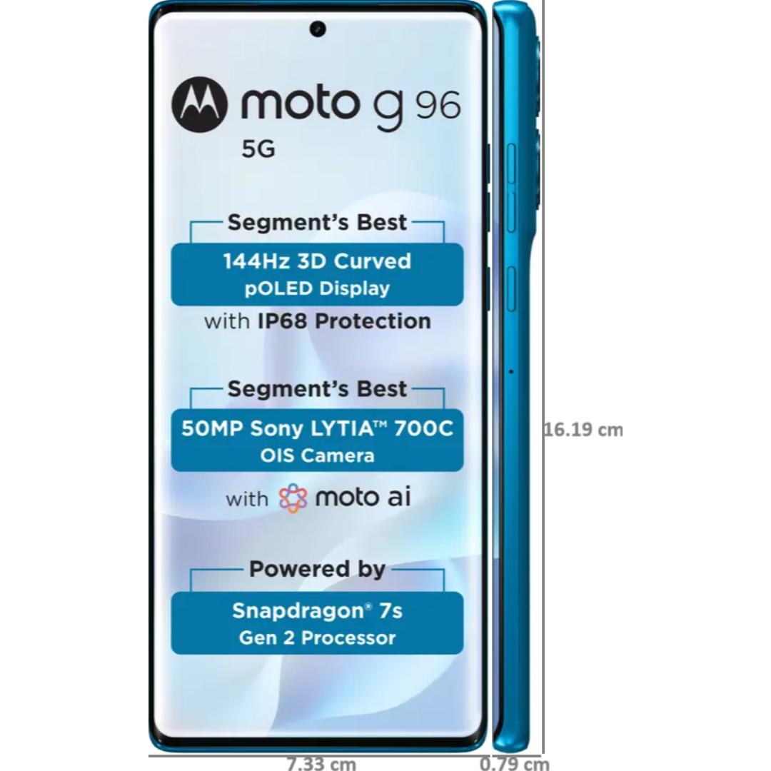 Motorola G96 5G 16.94 Centimeter (6.67) Dual Rear Camera 50MP OIS Sony LYTIA 700C + 8MP Ultrawide & 32 MP Front Camera 144Hz Full HD+ 3D Curved pOLED Display with IP68 Protection Qualcomm® Snapdragon® 7s Gen 2 (4nm) Octa Core Processor Smartphones Mobile