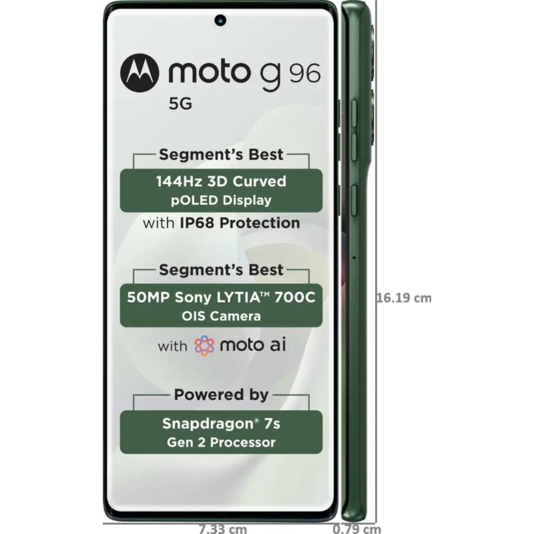 Motorola G96 5G 16.94 Centimeter (6.67) Dual Rear Camera 50MP OIS Sony LYTIA 700C + 8MP Ultrawide & 32 MP Front Camera 144Hz Full HD+ 3D Curved pOLED Display with IP68 Protection Qualcomm® Snapdragon® 7s Gen 2 (4nm) Octa Core Processor Smartphones Mobile