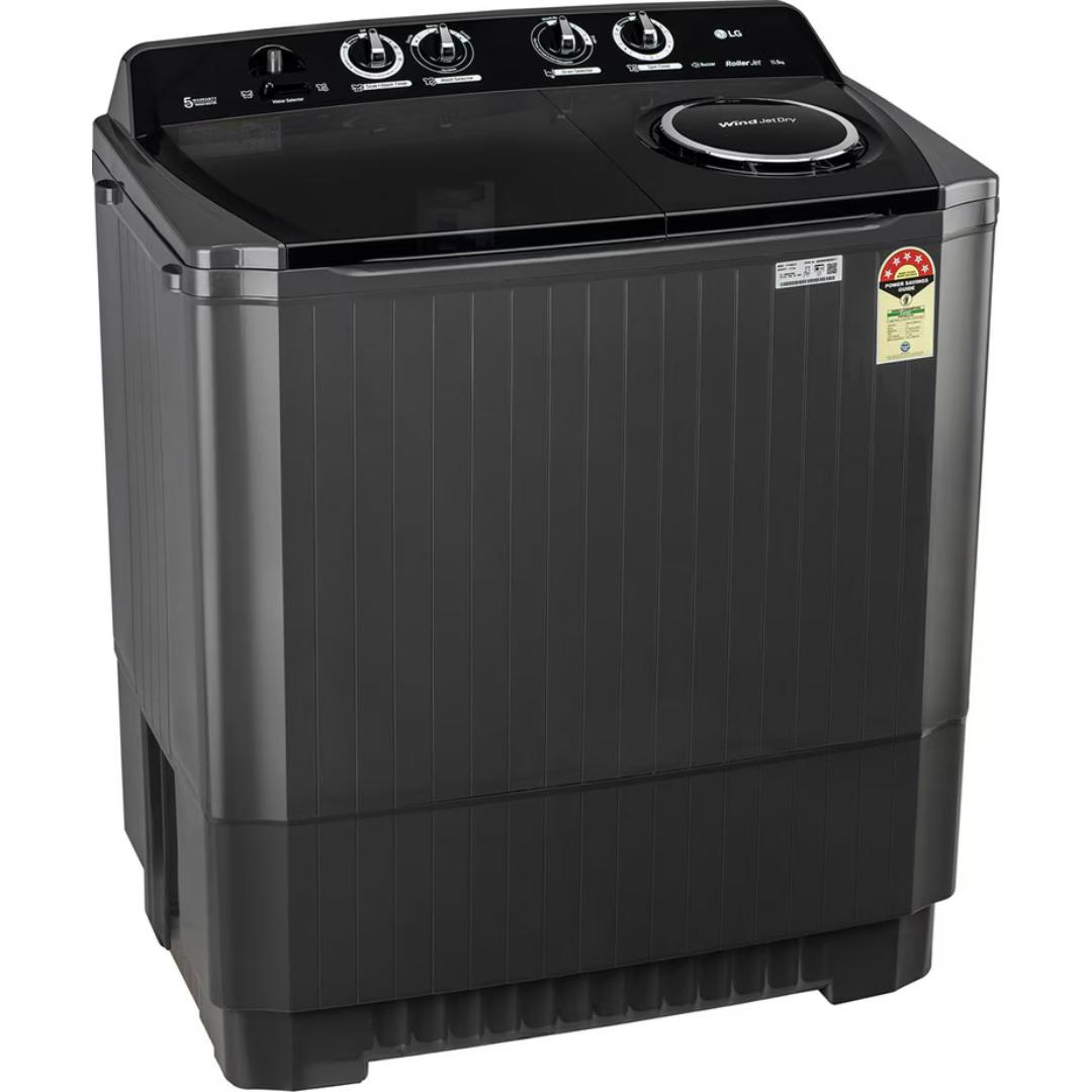 LG 11.5 Kg P115ASLAZ.ABLQEIL 5 Star Roller Jet Pulsator + Soak, Wind Jet Dry, Rat Away Technology with Unidirectional Wheels Semi Automatic Top Loading Washing Machine (2024 Model, Full Black)