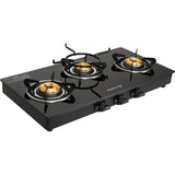Faber 3 Burner Power 3BB BK Tempered Glass Top Feather Touch Knob Control Manual Gas Stove Cooktop (Black)