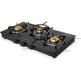 Faber 3 Burner Power 3BB BK Tempered Glass Top Feather Touch Knob Control Manual Gas Stove Cooktop (Black)