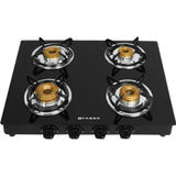 Faber 4 Burner Power 4BB BK Tempered Glass Top Knob Control Powder Coating Round Pan Support Manual Ignition Gas Stove Cooktop (Black)