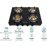 Faber 4 Burner Power 4BB BK Tempered Glass Top Knob Control Powder Coating Round Pan Support Manual Ignition Gas Stove Cooktop (Black)