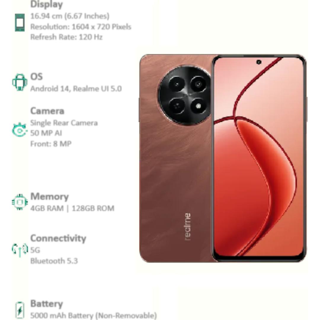 Realme C65 5G (4GB 128GB) 16.94 Centimeter (6.67) HD+ LCD Display 50MP Rear Camera  8 MP Front Camera Mediatek Dimensity 6300 Processor Smartphones Mobile