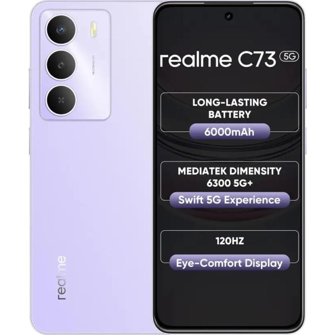 Realme C73 5G 16.94 Centimeter (6.67) 32MP Galaxy Core GC32E2 AF Rear Camera 8MP Front Camera 120Hz Eye Comfort HD+ LCD Display Mediatek Dimensity 6300 Octa Core Processor Smartphones Mobile