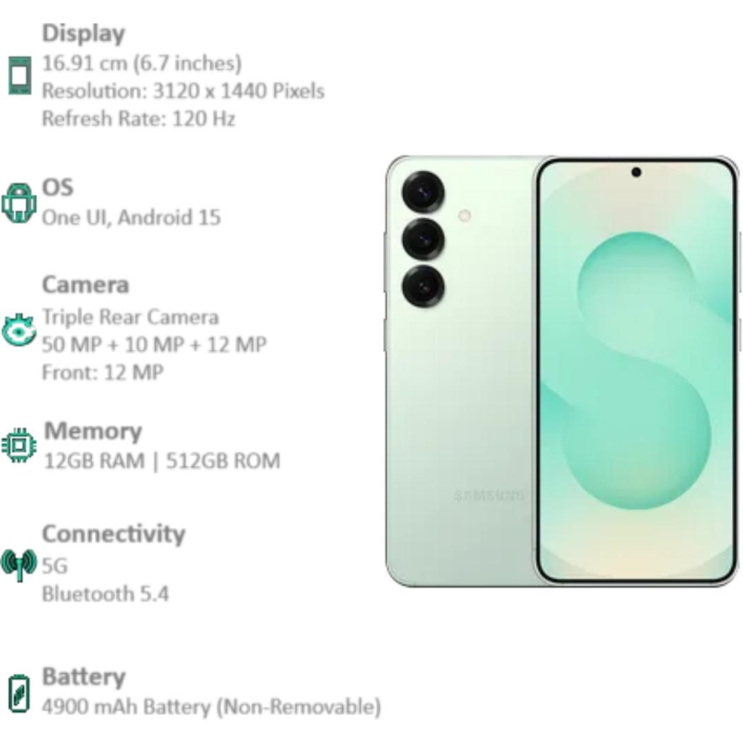 Samsung 15.75 Centimeter (6.2) Galaxy S25 5G Triple Rear Camera 50 MP + 10 MP + 12 MP & 12 MP Front Camera Full HD+ 120 Hz Dynamic AMOLED 2X Display Qualcomm Snapdragon 8 Elite Octa Core Processor Smartphones Mobile
