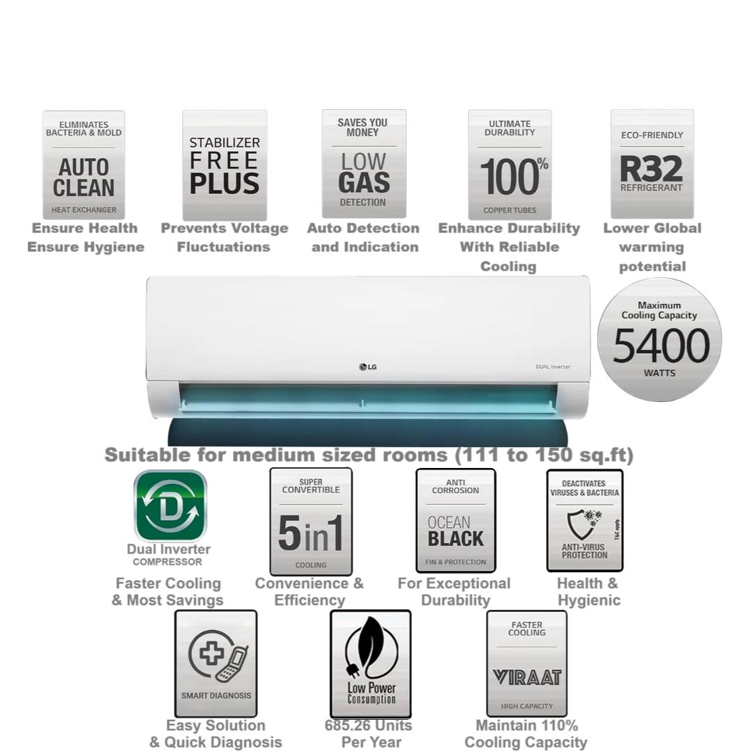 LG 1.5 T US-Q19BNZE1 5 Star AI Dual Inverter AI Convertible 6-in-1 Gold Fin+, Viraat Mode 2-Way Swing HD Filter with Anti-Virus Protection Split Air Conditioner (2025 Model, White)