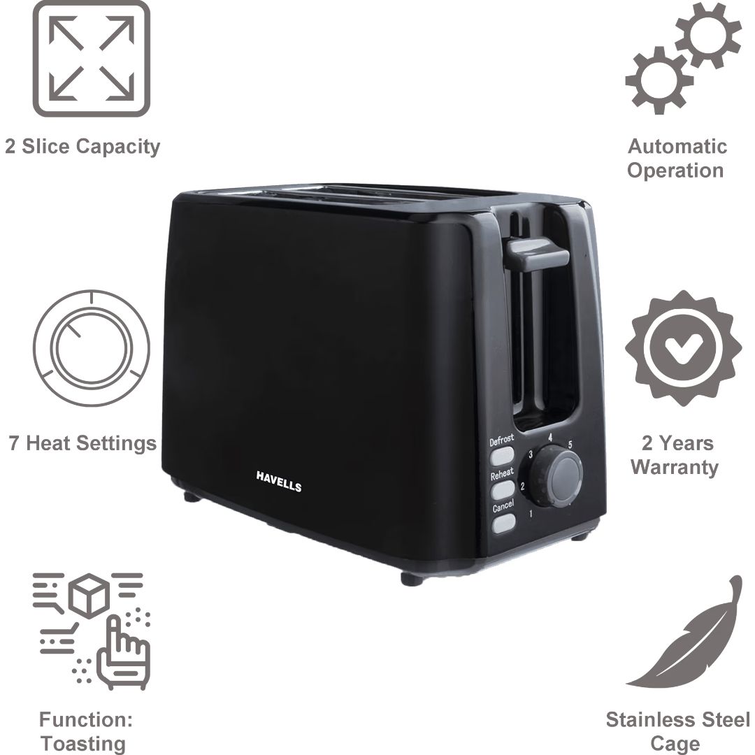 Havells 2 Slice GHCPTCJK075 Crisp Plus 700 W 7 Heat Setting With Electronic Variable Browning Automatic Pop-up Toaster (Black)