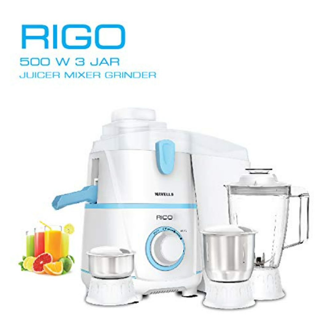 HAVELLS 500W GHFJMBAB050 (rigo 3jar) 3 Jars, Juicer Mixer Grinder (White & Blue)