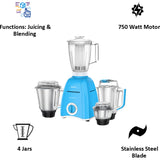 Havells 750 W GHFMGBZB075 4 Jars Momenta NV Twist Lock Mechanism Mixer Grinder (Blue)