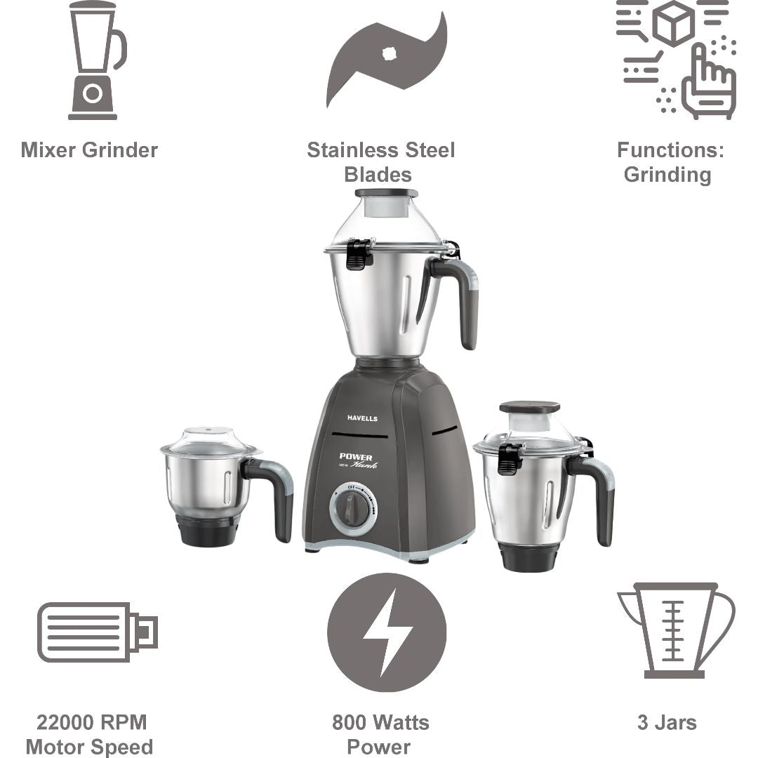 Havells 3 Jars GHFMGDPE080 Power Hunk 800 W Hands Free operation, SS-304 Grade Blade Mixer Grinder (Grey)