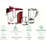 Bajaj 2 Jars JX 20 500W (410701) 3 Speed Control with 18000 RPM Juicer Mixer Grinder (White & Pink)