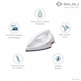 Bajaj Majesty DX 6 Dry Iron (440195) 1000 W German Coating Technology Double Layer Non-Stick Coating Sole Plate Dry Iron (White)