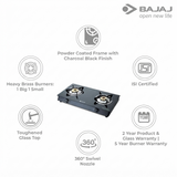 Bajaj 2 Burner 2BR-GP6 2 Burner (450500) Toughened Glass Top Stainless Steel & Glass Electric Manual Gas Stove Cooktop (Black)