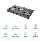 Bajaj 3 Burner 3BR-GP6 3 Burner (450500) Toughened Glass Top Stainless Steel & Glass Electric Manual Gas Stove Cooktop (Black)