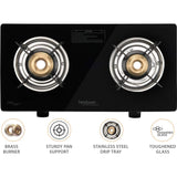 Hindware 2 Brass Burner KA Cooktop Brio 2B (Plus) (517062) Toughened Glass Mild Steel Manual Gas Stove Cooktop (Black)