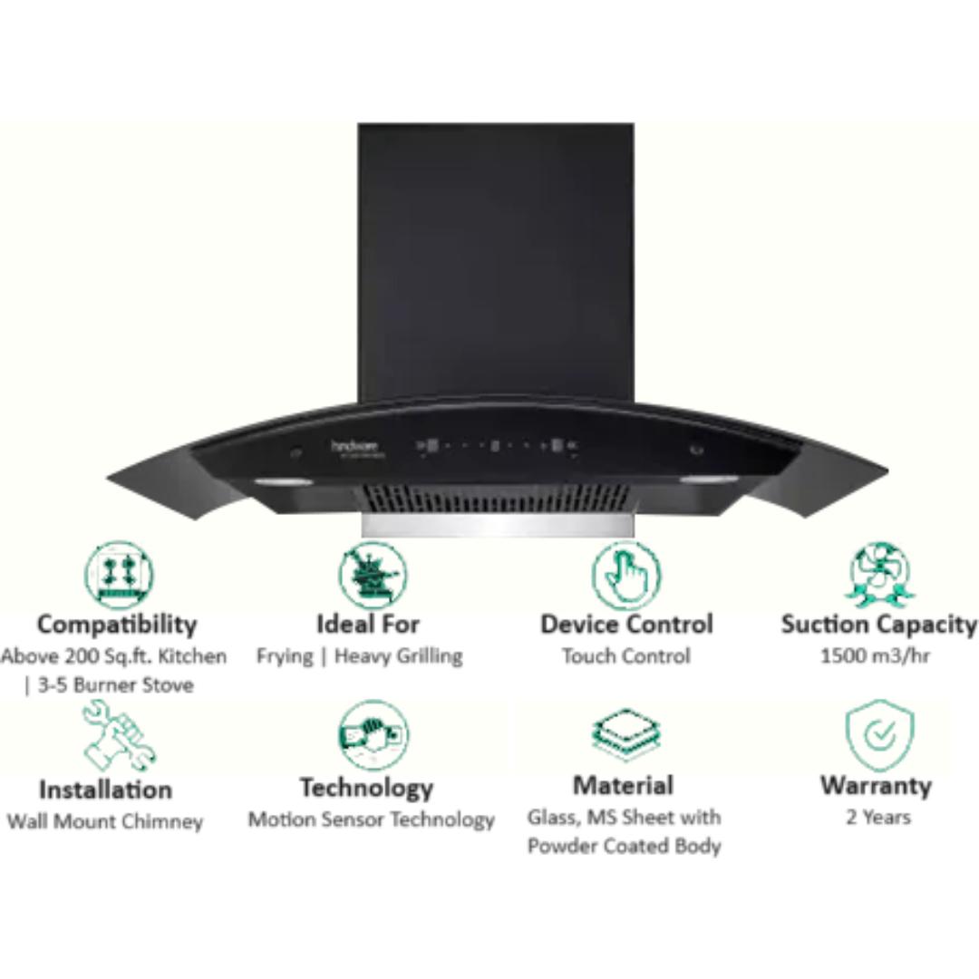 Hindware 90 Centimeter KA Cookerhood Celesia Blk Autoclean 90 IN (521459) 1500 m³/hr Auto Clean Touch & Gesture Control Filterless Wall Mounted Chimney (Black)
