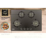 Hindware KA Hob Hazel 4B 86 CM (522599) 4 Burner Metallic Knob Toughened Glass Flame Guard Auto Ignition Automatic HOB (Black)