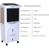 AISEN 105.0 L AC1DMH570 (NOVA 105) Honeycomb Pads with Castor Wheels 4 Way Air Deflection Desert Air Cooler (White)