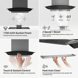 Haier 90 Centimeter HIH-G60HM-N 1700 m³/hr Auto Clean with Oil Collector Touch & Gesture Control Filterless Wall Mounted Curved Glass Chimney (Black)