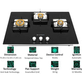 Faber HTG 753 CRS BR CI 3 Burner High Quality Knob Tempered Glass Top Auto Ignition Automatic HOB (Black)